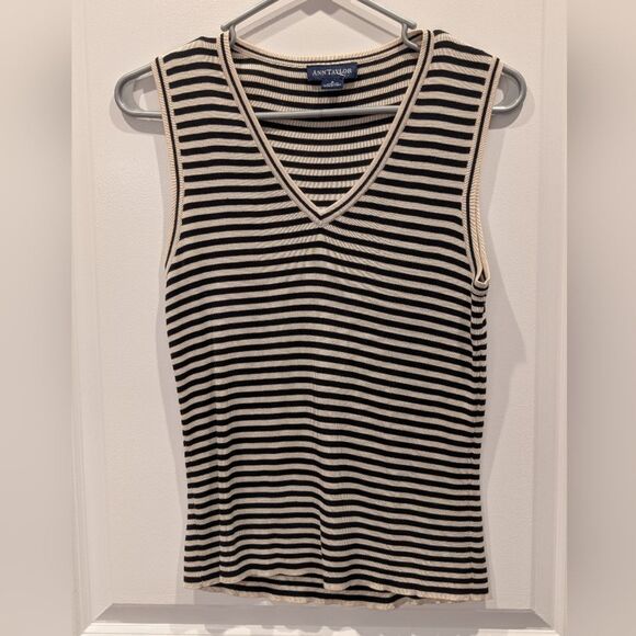 Ann Taylor Small 100% Silk Sweater Set Womens Black Beige Striped Cardigan Tank - Picture 2 of 7